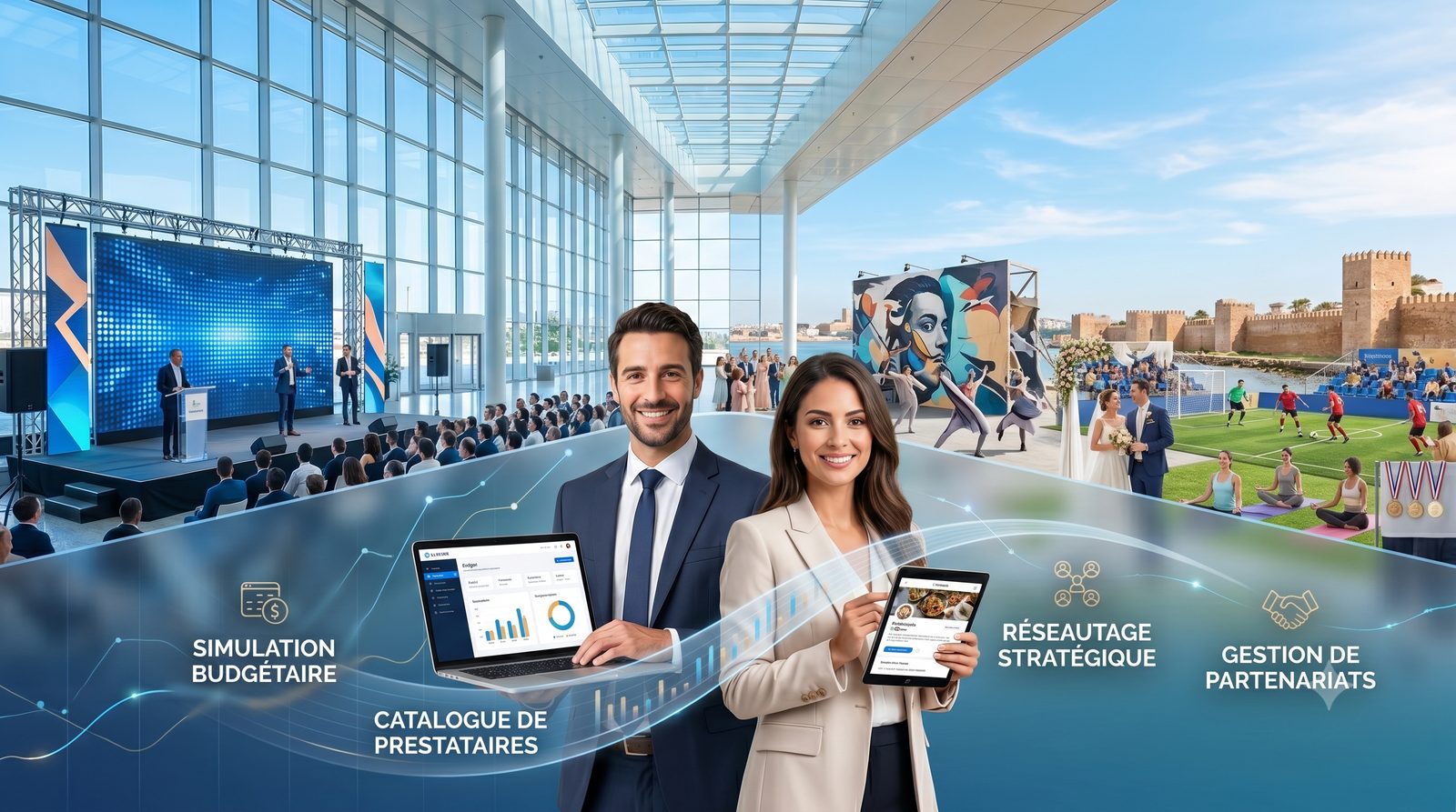Interface Eventia.ma : simulation de budget, catalogue prestataires, appels d'offre
